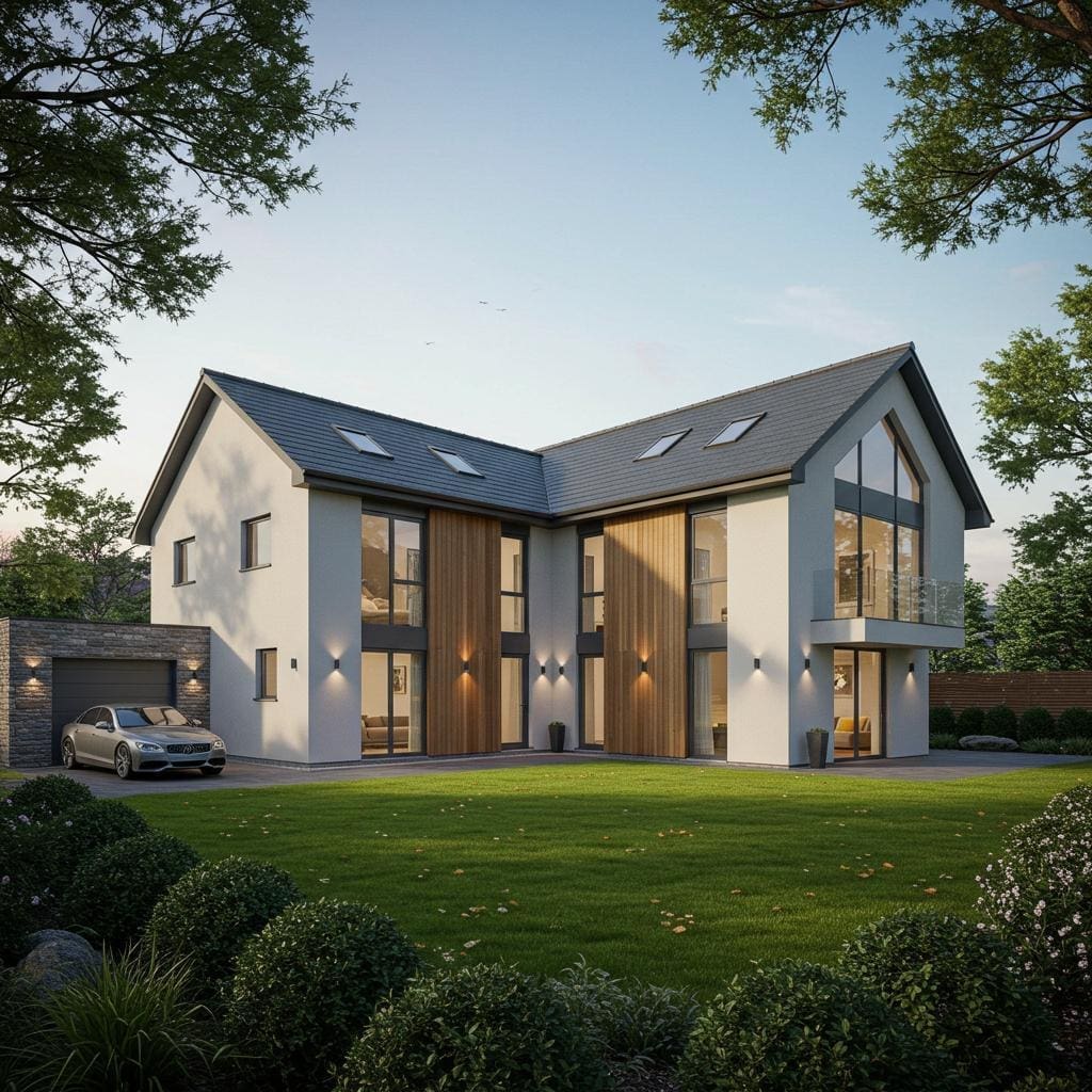 Contemporary residential architecture in Cardiff featuring a two-storey detached home with timber cladding, pitched roof, and large glass frontage designed by a Cardiff architecture firm.