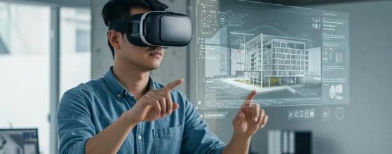 Architect using virtual reality technology to visualize innovative architectural designs