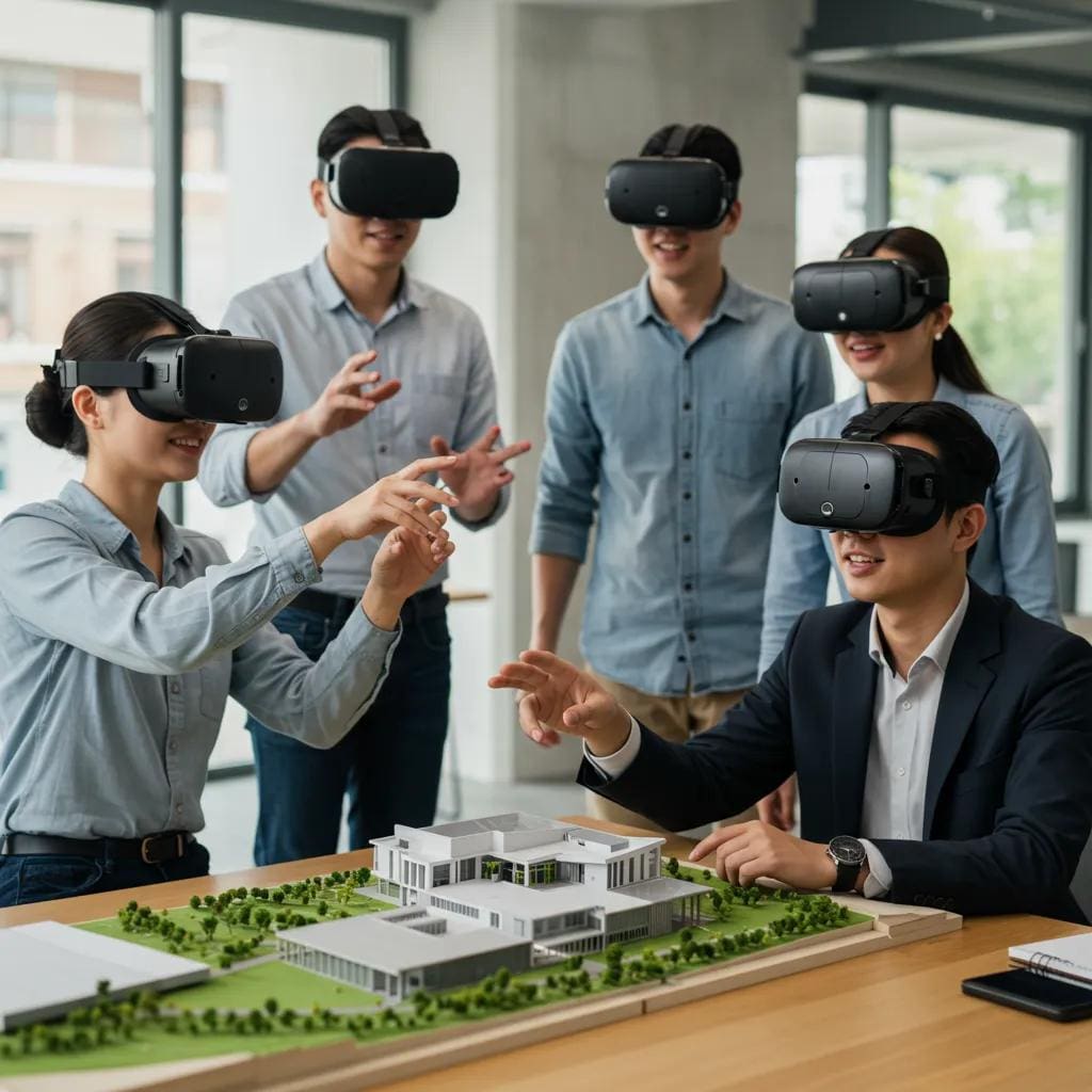 Clients engaging with a virtual reality architectural model, showcasing immersive client engagement