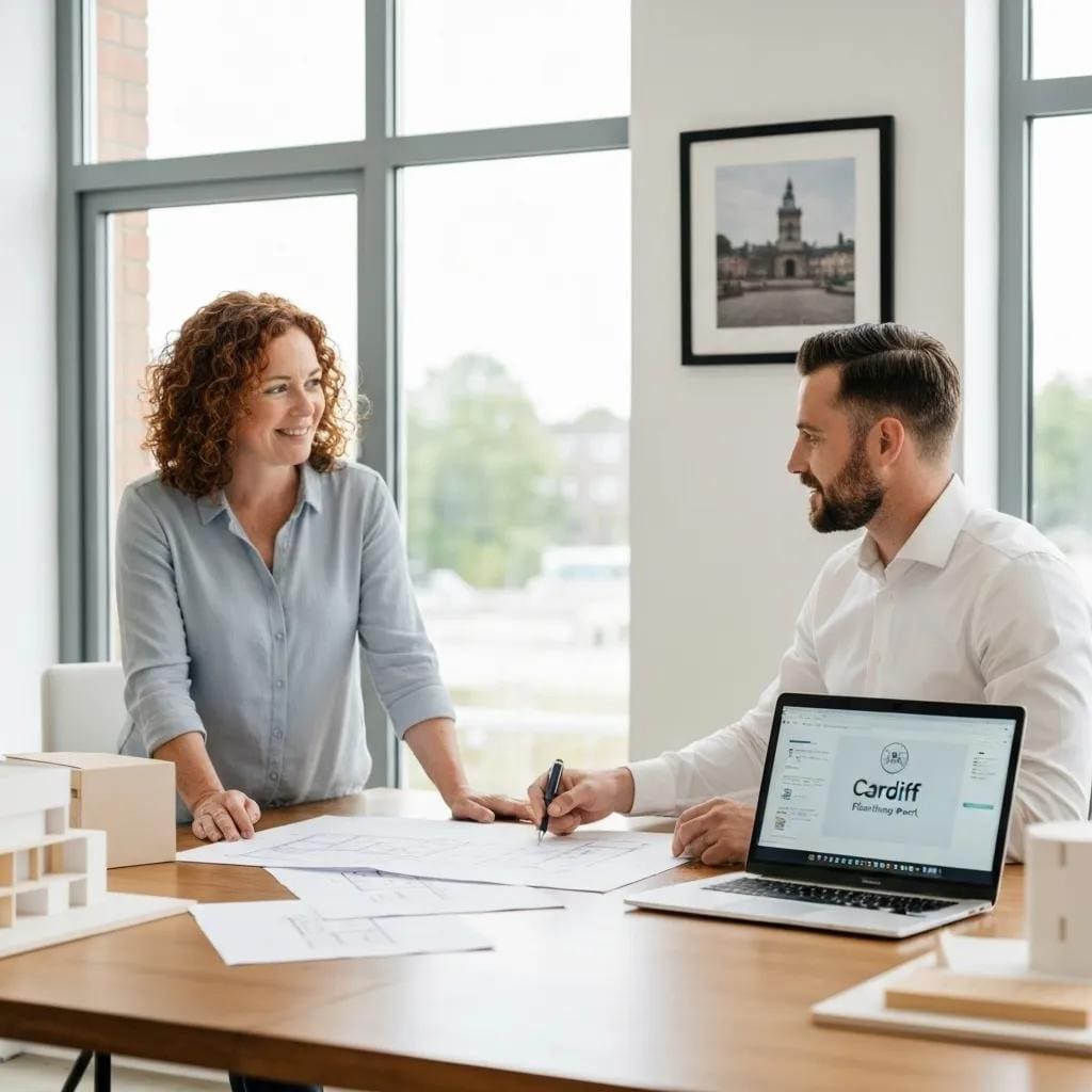 Homeowner discussing extension plans with an architect in a professional office, featuring architectural drawings and a laptop displaying "Cardiff Planning Port."