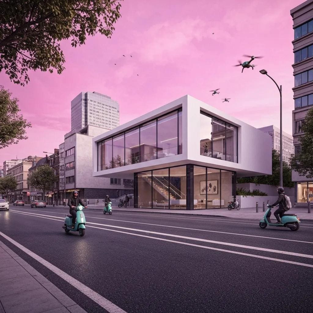 Modern architectural design of a commercial building in Cardiff, featuring large glass windows, a sleek white exterior, and surrounding urban landscape with scooters, trees, and a pink sky.