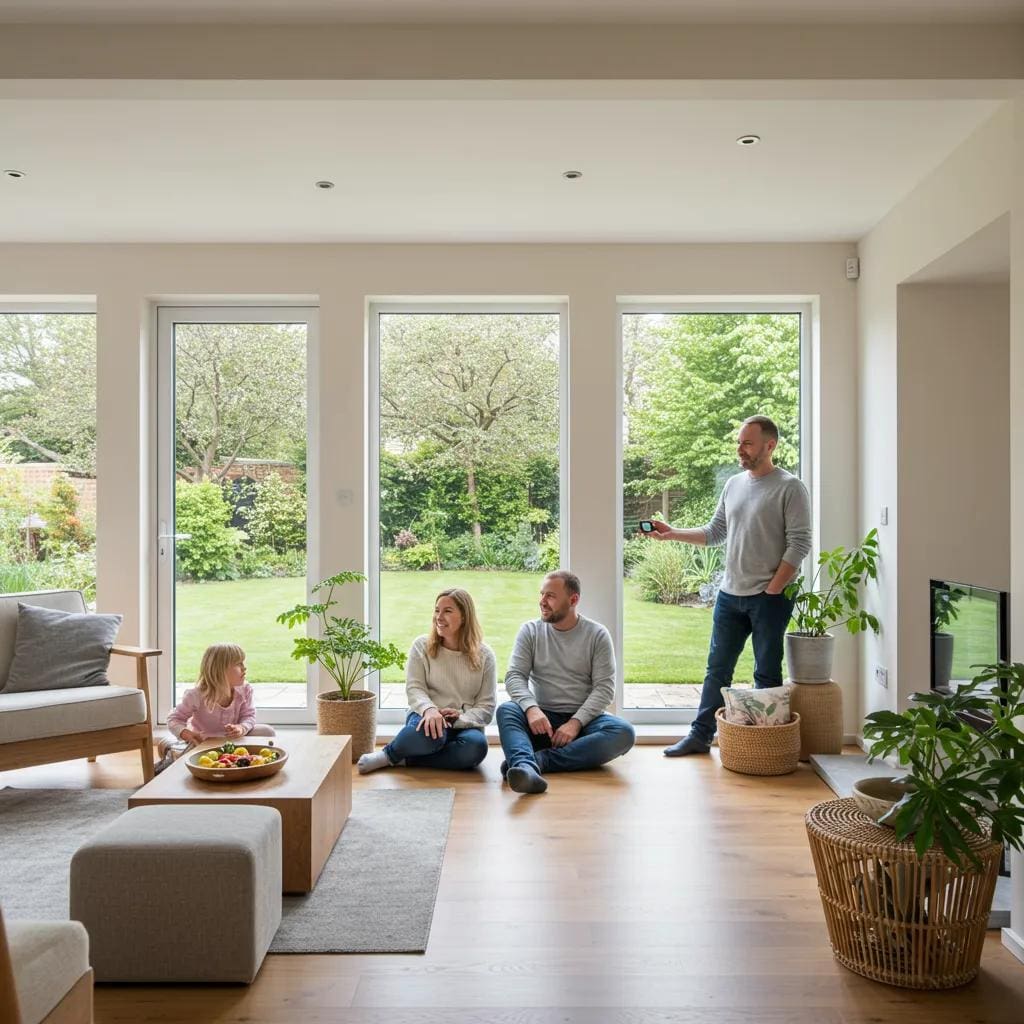 Family in an energy-efficient home with smart technology and natural materials, illustrating the benefits of sustainable design