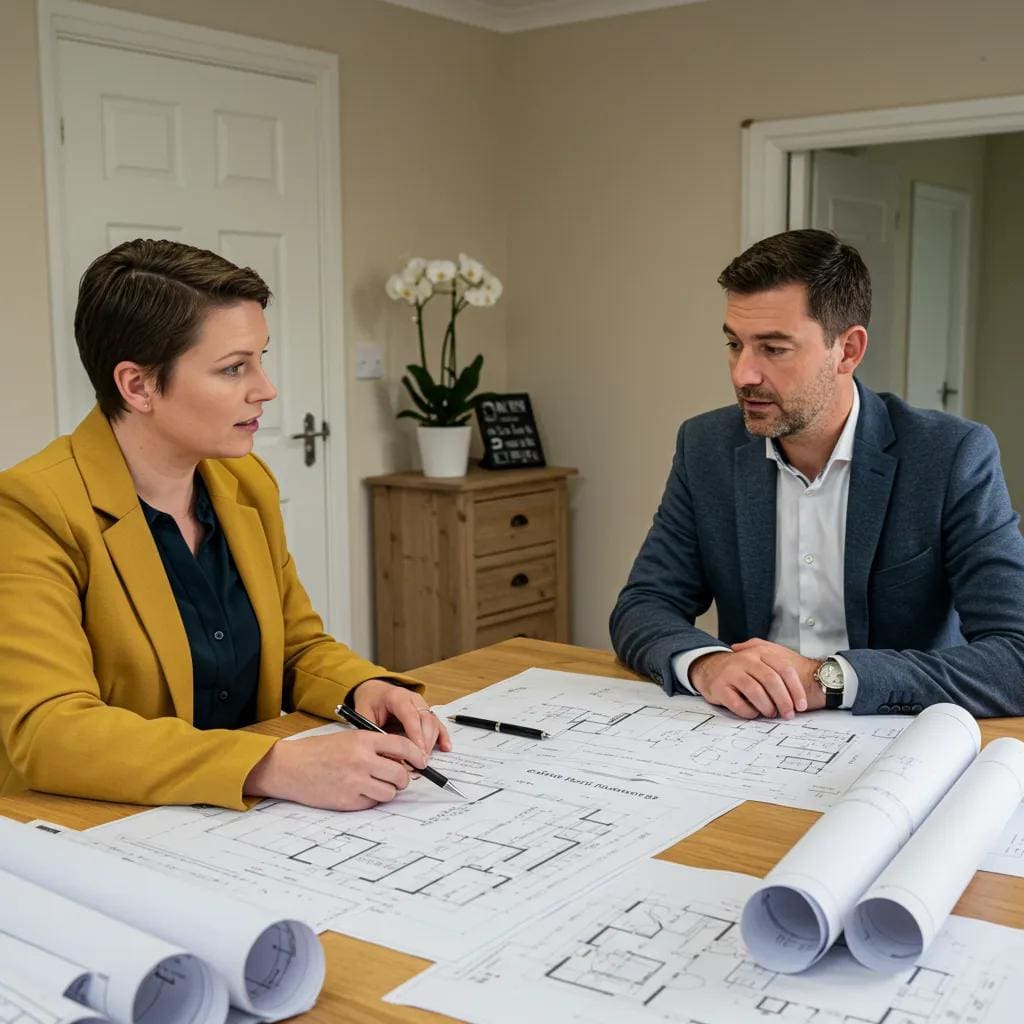 A homeowner discussing garage conversion plans with a planning officer