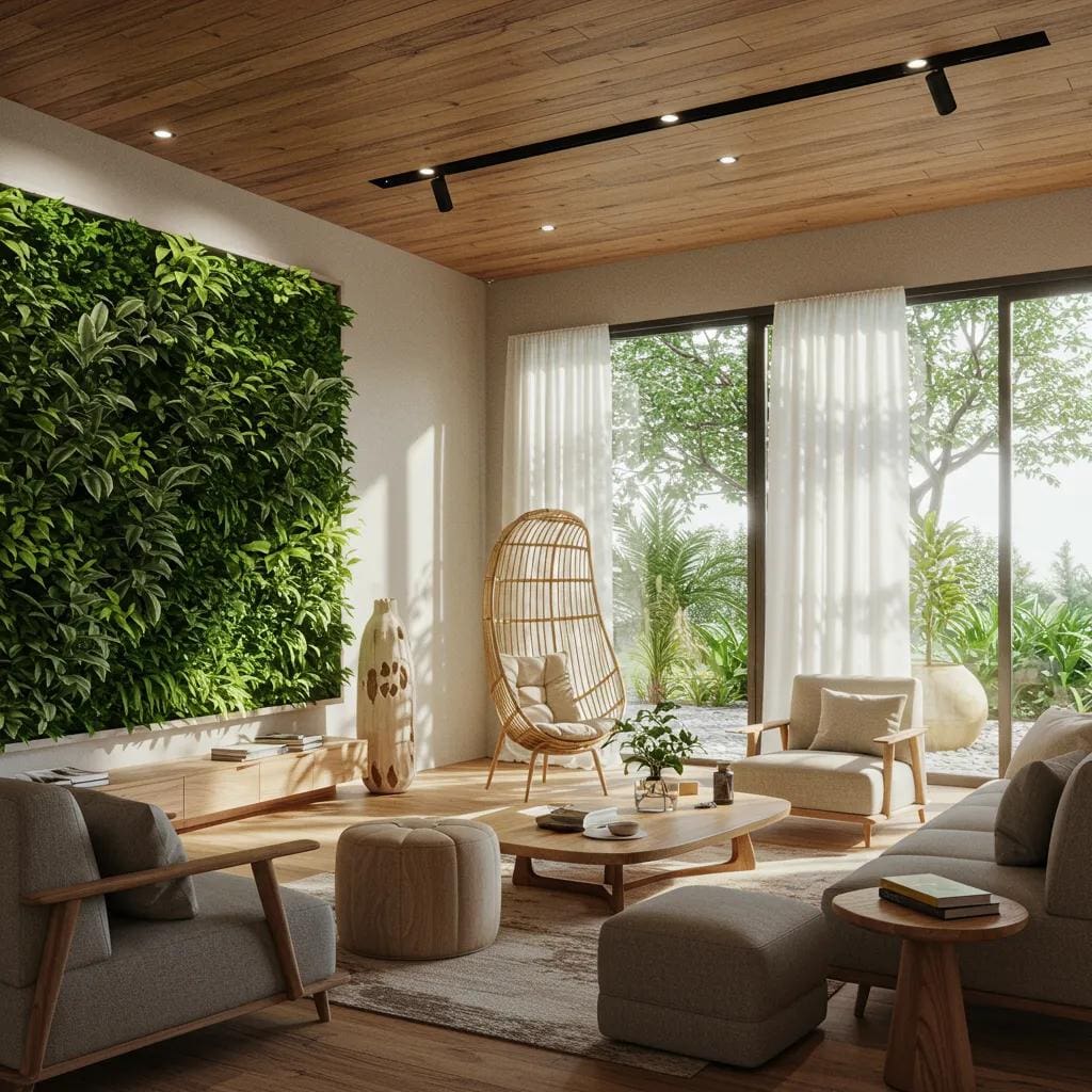 Interior space featuring biophilic design with a living green wall and natural materials, promoting wellness and sustainability