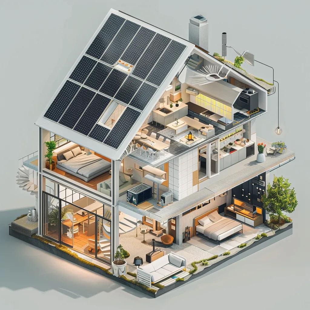 Solar panels and heat pump equipment on a sustainable building