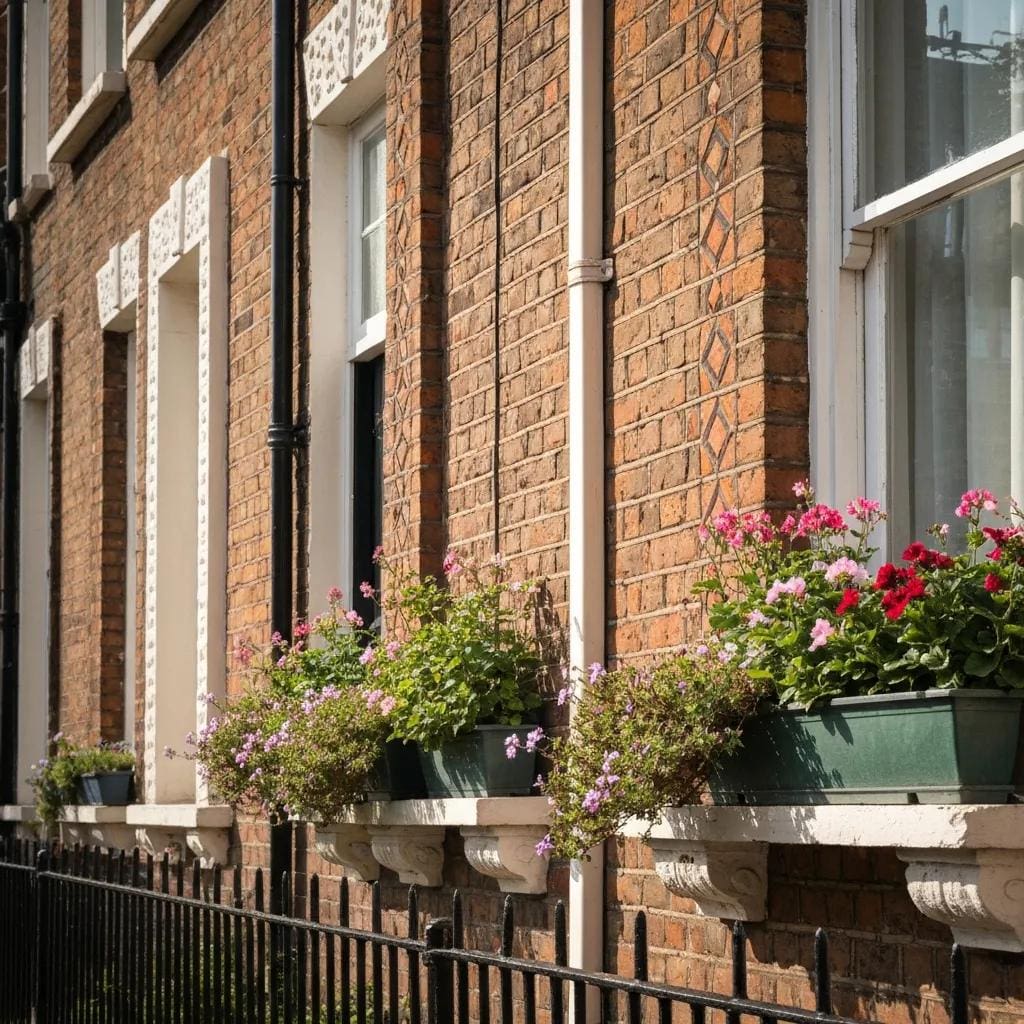 Close-up of Victorian architectural features: sash windows and ornate cornices