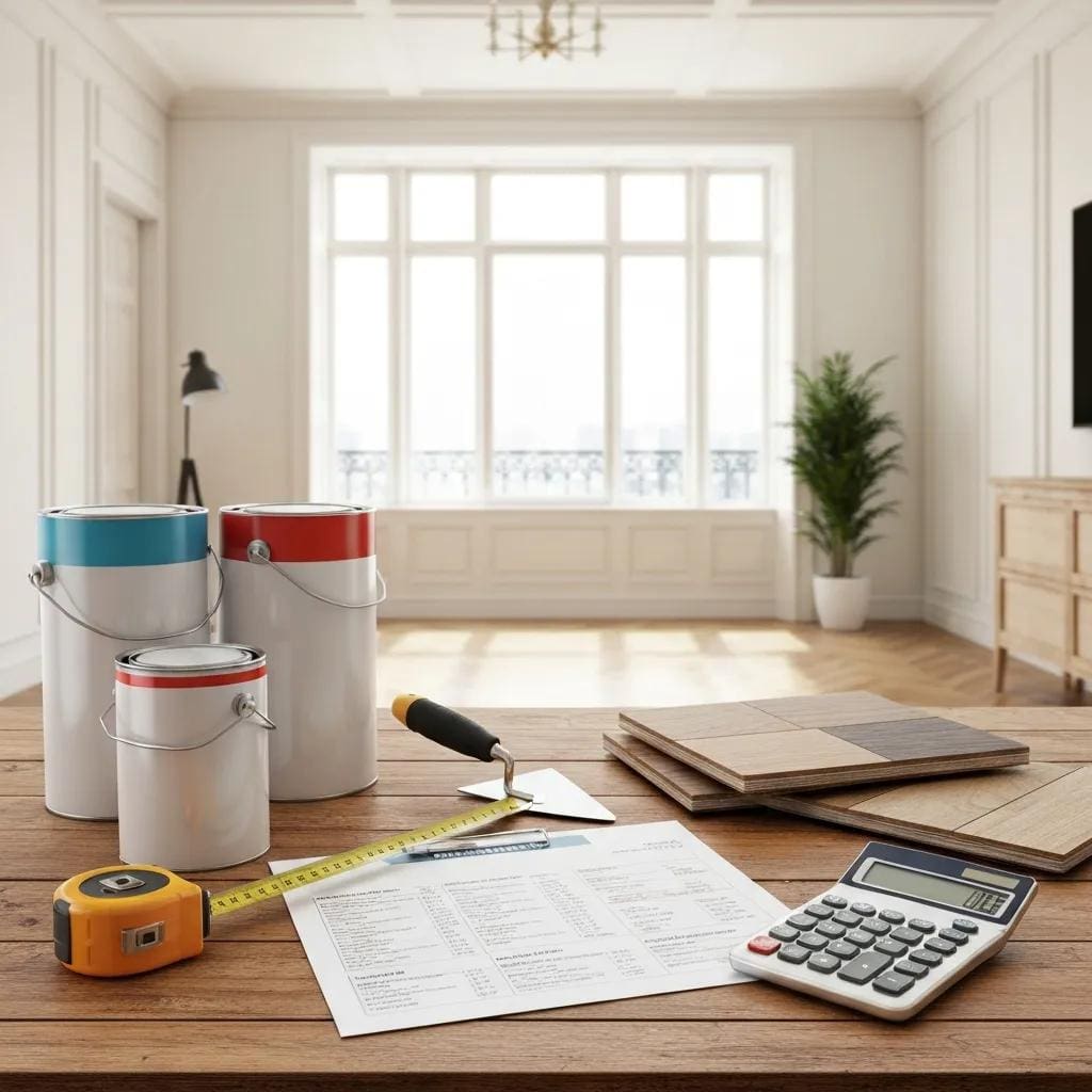 Tools and sample materials laid out to represent renovation costs for a Cardiff apartment