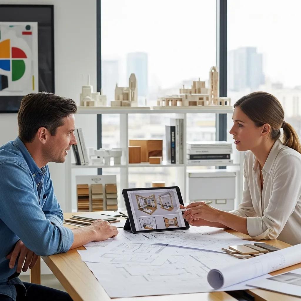 Homeowner meeting an architect to discuss planning permission for an extension